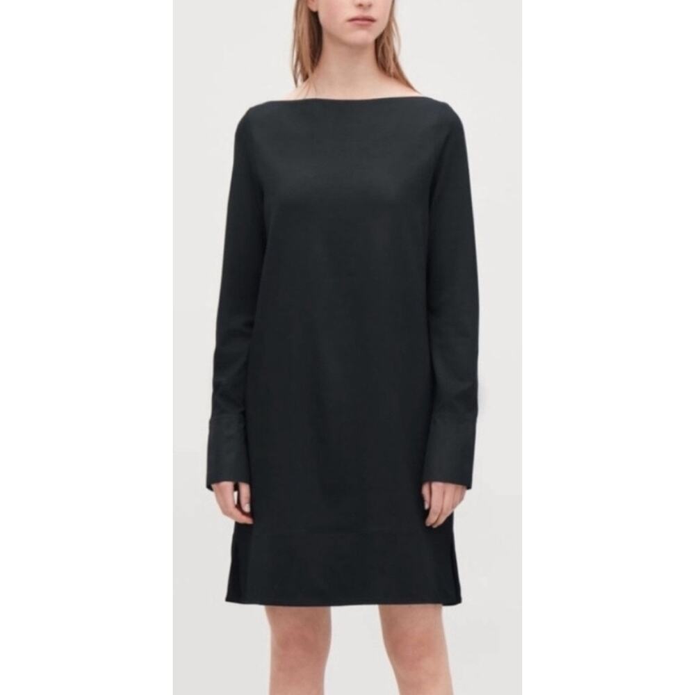 COS Black Boat-Neck Long-Sleeve Mini Dress